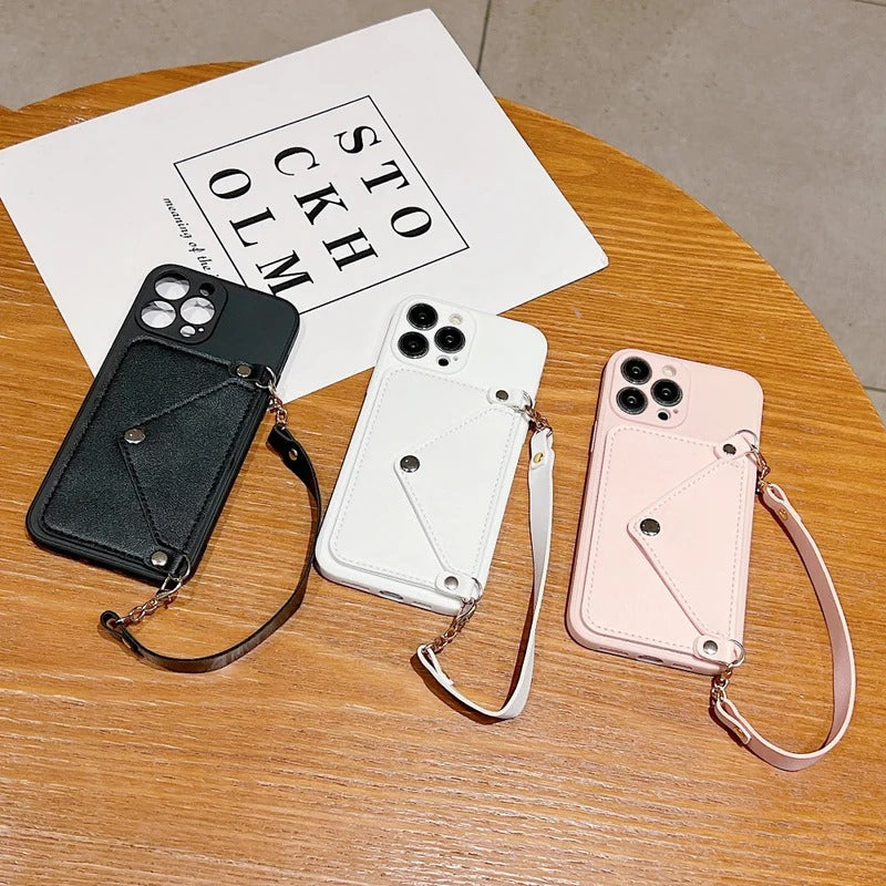 Card Wallet Lanyard Strap PU Leather Camera Protection Phone Case for I phone 14