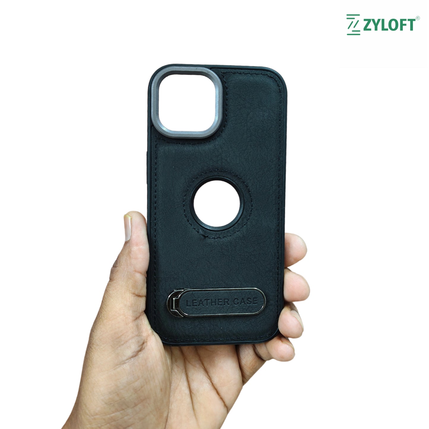 Kickstand PU Leather PC (Hard) Logo Cut Black Phone Cover For Apple