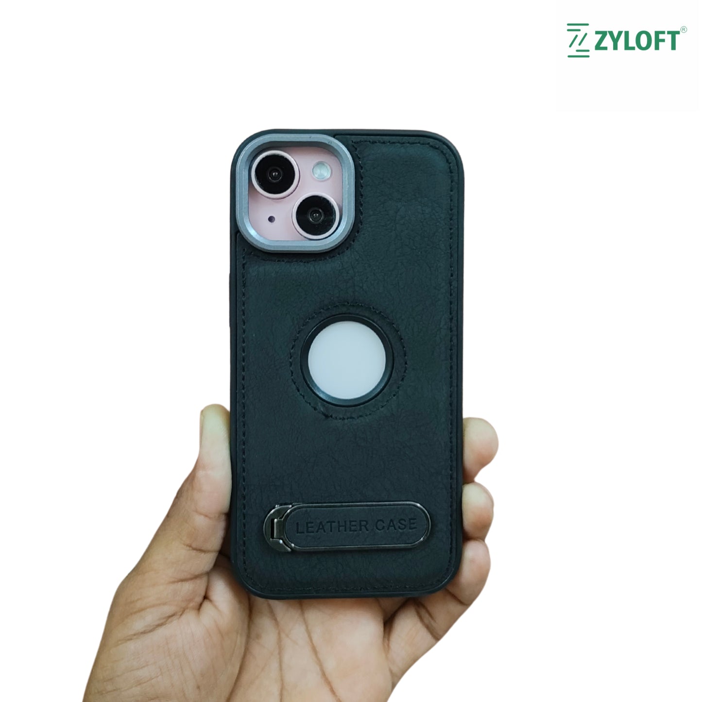 Kickstand PU Leather PC (Hard) Logo Cut Black Phone Cover For Apple