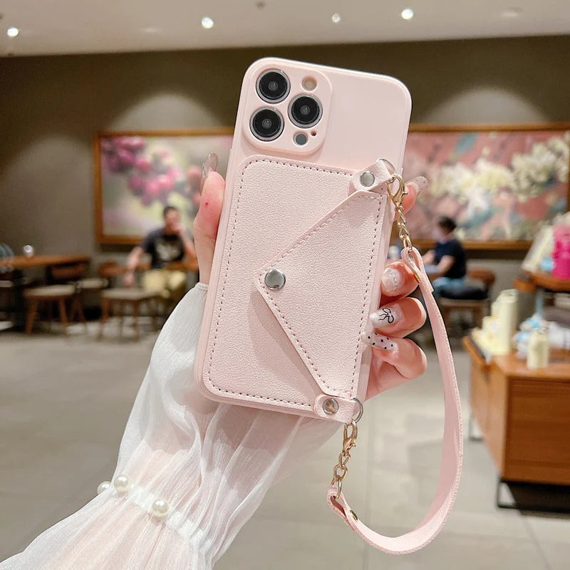 Card Wallet Lanyard Strap PU Leather Camera Protection Phone Case for I phone 14