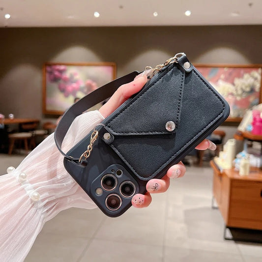 Card Wallet Lanyard Strap PU Leather Camera Protection Phone Case for samsngs 22 ultra