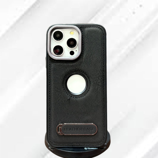 Kickstand PU Leather PC (Hard) Logo Cut Black Phone Cover For Apple