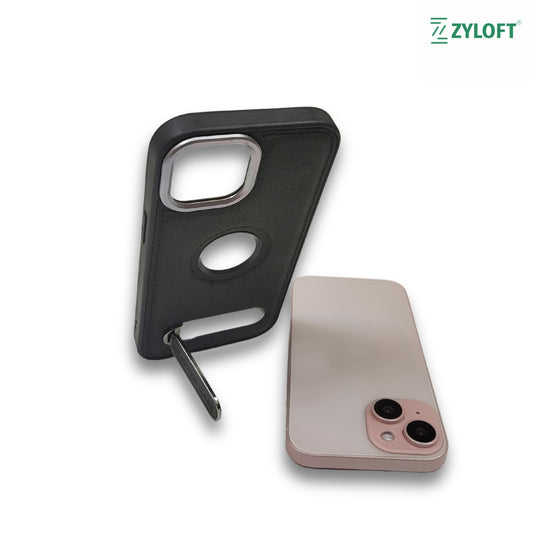 Kickstand PU Leather PC (Hard) Logo Cut Black Phone Cover For Apple