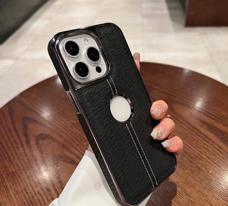 Leather Stitching Texture Logo Cut Phone Cover